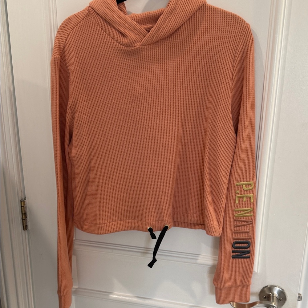 P.E Nation Orange Waffle Knit Hoodie with Graphic Sleeve